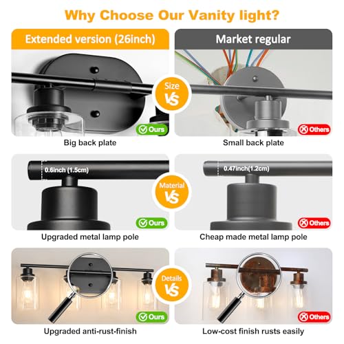 Image of Unicozin Bathroom Light Fixtures, 4 Light Vanity Lights for Bathroom, Black Wall Lamp with Clear Glass for Mirror, Living Room, Hallway, Cabinet, E26 Base