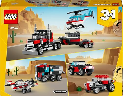 LEGO Creator 3-en-1 Le Camion Remorque avec Hélicoptère, Set de Véhicules avec Jouet d'Hélicoptère et Camion, Avion et Camion-Citerne, Hot Rod et VUS, Cadeau pour Garçons et Filles Dès 7 Ans 31146
