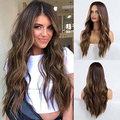 HAIRCUBE Ombre Brown Wigs for Women Natural Long Curly Brown Wig Heat Resistant Synthetic Wig