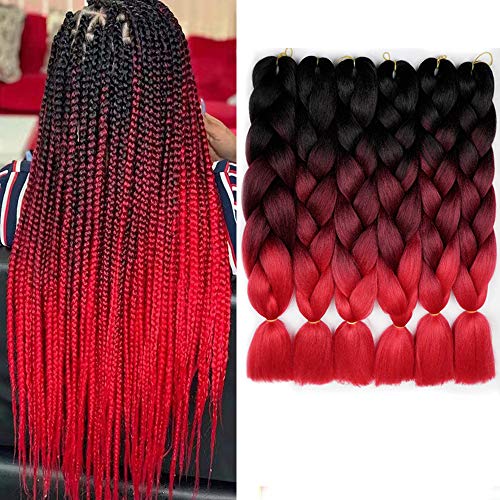 6 Packs Braiding Hair Black To Red Ombre Braiding Synthetic Hair Fiber Jumbo Braids Hair Extensions (Black to BUG to Red#C6)