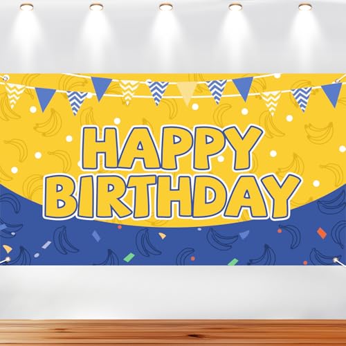 Toile Fond Joyeux Anniversaire Dessin Animé, 180x100cm Toile Fond Bannière Fête d'anniversaire Banane Jaune et Bleue Table Gâteau Décorations Fête Thème Film Animé et Accessoires Photomaton