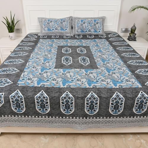 Image of Jaipur Weaves Jaipuri Double Bed Cotton Bedsheet Queen Size 90x85, 120 TC 100% Pure Cotton Bed Sheet with 2 Pillow Covers, Floral Traditional Print (Aqua, Double)