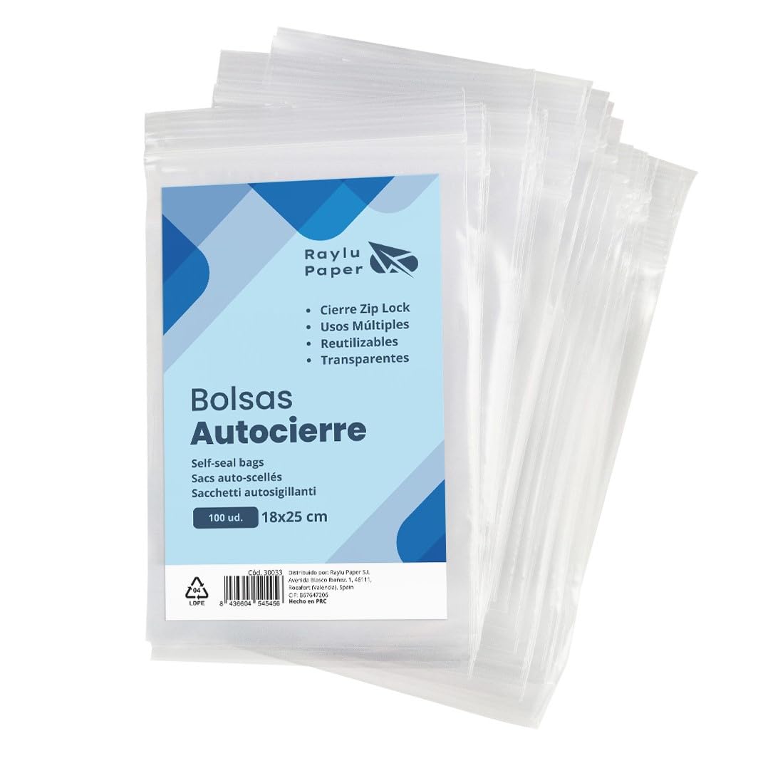 RAYLU PAPER - Bolsas Auto Cierre Zip, Pack de 100 Bolsas de Plástico Transparente Reutilizables, usos Múltiples, Hecho en Europa (10 x 15) — view 8