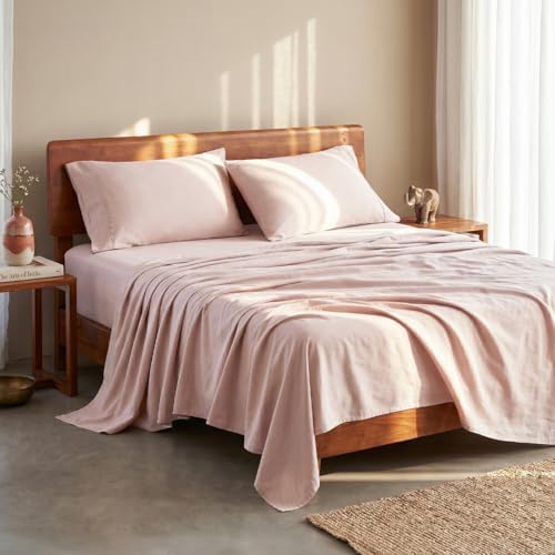 Image of LANE LINEN 100% Organic Cotton Bedsheet for Double Bed Queen - Sepia Rose | GOTS Certified, Percale Weave, 90x100 inches, Soft & Breathable, Machine Washable, Includes 2 Pillow Covers