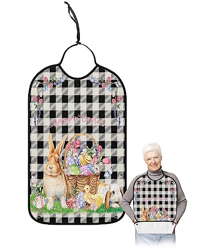 Spring Easter Adult Bibs for Eating, Waterproof Bibs with Food Catcher & Adjustable Snap Closure, Black Plaid Colorful Eggs Flower Easter Basket Bunny Clothing Protectors Adult Bibs for Elderly