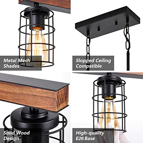 Hosenjoin Kitchen Island Lighting,Farmhouse Dining Room Light Fixtures,Rustic Linear Pendant Lighting For Kitchen Island Dining Living Room,Black Metal & Wood #TOP4