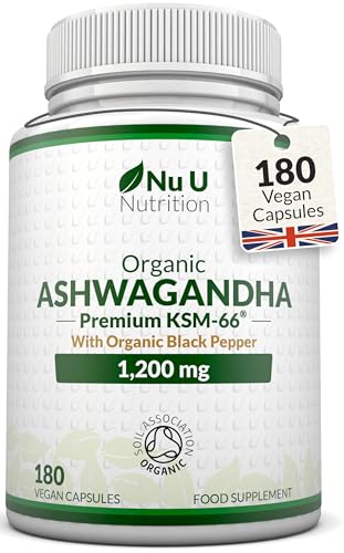 Organic Ashwagandha KSM-66® 1200mg - 5% Withanolides - 180 Vegan Capsules not Tablets - High Strength Ashwaganda Enhanced with Black Pepper - Soil Association Certified - Nu U Nutrition