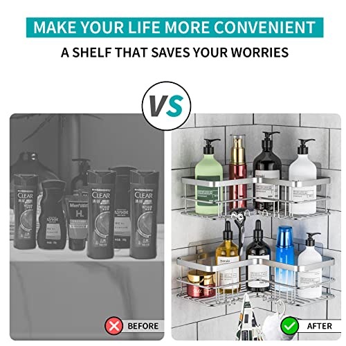 Yazoni Corner Shower Caddy, Adhesive Shower Shelves No Drilling [2-Pack], Rustproof Stainless Steel Bathroom Shower Organizer With 8 Hooks, Shower Shelf For Inside Shower (Silver) #TOP3
