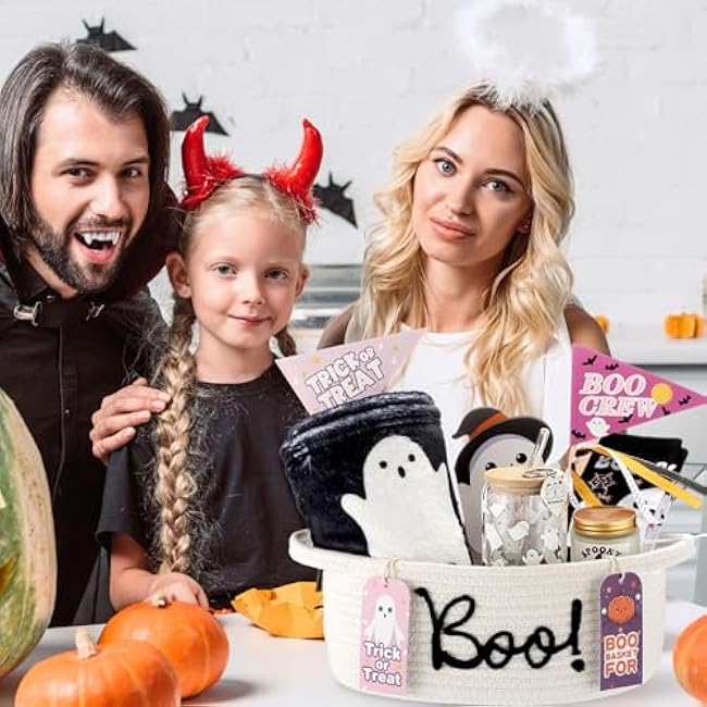 Halloween Boo Woven Basket Cute Storage Spooky Basket with Handle Boo Woven Trick or Treat Gift Organizer for Halloween Party Favors and Decorations Women Men