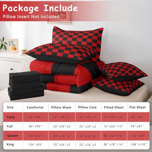 Image of Feelyou Checkered 7 Piece Bedding Set Teen Red Black Plaid Comforter Set with Sheets Full Size Kids Boys Cute Retro Neutral Checkerboard Geometric Bed in a Bag Vintage Aesthetic Room Decor