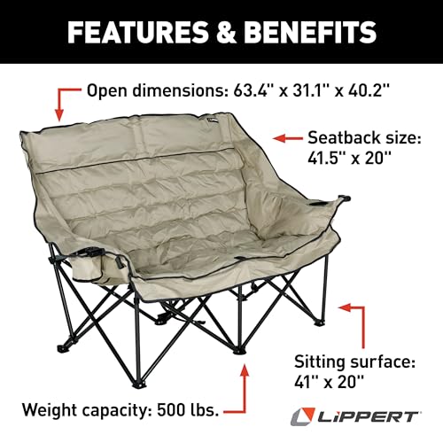 Image of Lippert Big Bear Sand Folding Camping Loveseat with 500-lb. Weight Capacity, Durable Mesh Fabrics, High-Loft Cushioning, Dual Cupholders, Storage Pocket, Zippered Carrying Bag - 2023053718