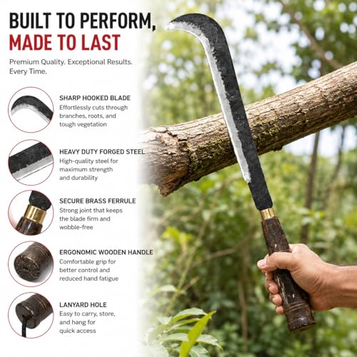 Image of Grass Cutter Sickle (Pullu Veeshi) - Heavy Duty Hand Forged High Carbon Steel Blade with Wooden Handle | Multipurpose Agriculture Tool for Grass, Weed & Farming Use