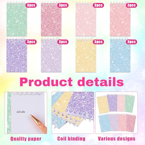 Image of Glenmal 24 Pcs Mini Notepads for Kids Party Favors Mini Tie Dye Note Pads Glitter Colorful Little Pocket Notepads for Girls Gift Classroom Rewards 20 Pages Each (Light Color)