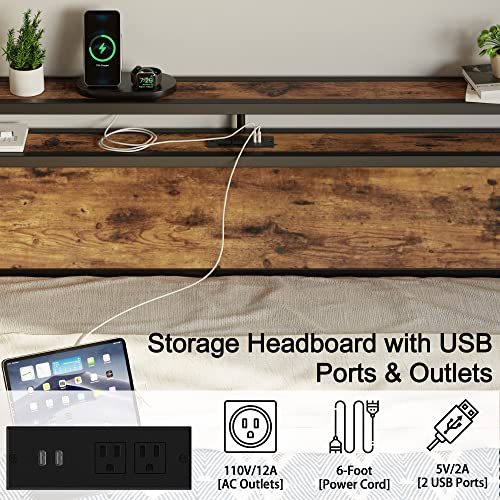 Likimio King Bed Frame With Storage Drawer, 2-Tier Storage Headboard With Charging Station, No Box Spring Needed, Easy Assembly, Vintage Brown #TOP3