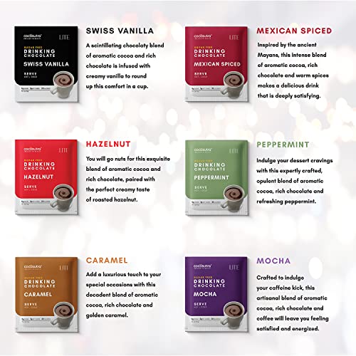 Image of COCOSUTRA Sugar-Free Drinking Chocolate Mix | 12 Single-Serve Sachets (20g Each) | 2 Sachets Each Flavour | Swiss Vanilla, Mocha, Caramel, Hazelnut, Mexican Spiced & Peppermint | Zero Sugar | Low Carb | Low Calorie | Stevia & Erythritol Sweetened | 240 g