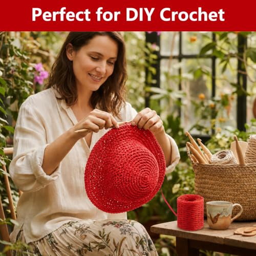 Image of BEVTEE 436 Yards Raffia Yarn for Crochet, Ribbons for Crafts,Red | Paper Ribbon for Wrapping Christmas Crafts DIY Decoration, Easy to Tie, Perfect for Basket Weaving Supplies