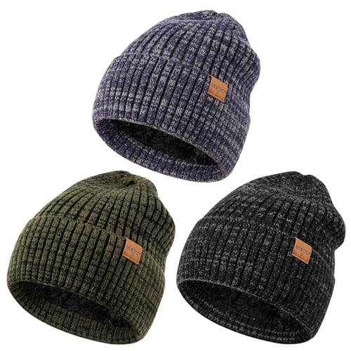 MSDC 3 Pack Winter Hats for Men, Warm Fleece Lined Beanie for Men Women, Soft Thermal Cable Knit Hat Fashionable Cuffed Skull Cap for Cold Weather-04