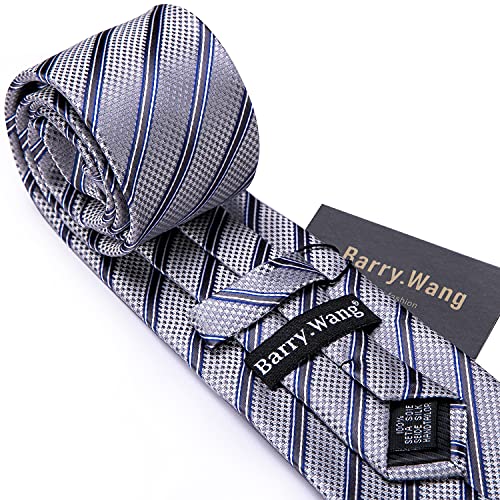 Barry.wang Stripe Men Ties Set Classic Woven Necktie With Handkerchief Cufflinks Formal (Gray Blue White Stripe) #TOP5