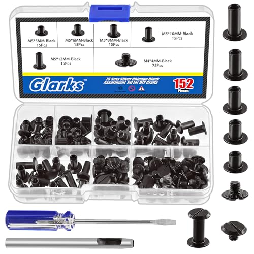 Glarks 150 Sets Black Chicago Screws Assorted Kit, M5 x 5mm, 6mm, 8mm, 10mm, 12mm Chicago Rivets and 4x4mm Flat Head Stud Screw, Nail Rivet Chicago Button Screw Posts Metal Accessories