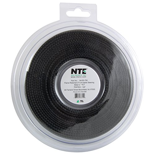 NTE Electronics 04-ES-125 Polyethylene Terephthalate Expandable Braided Sleeving, Flame Retardant, 1/8" Size, 16.4' Length, Black