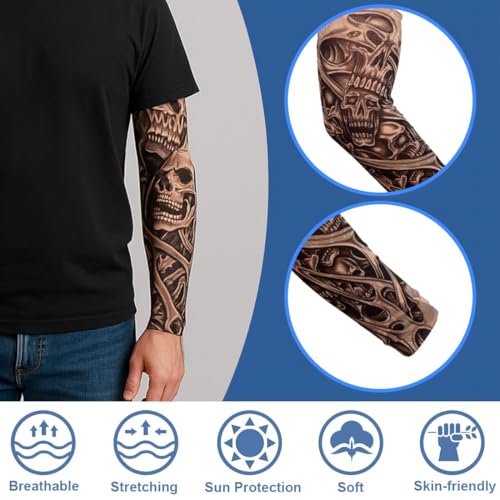 MaoNativey 4Pcs Tattoo-Ärmel für Männer & Frauen - Realistische Fake-Tattoos mit Rock & Totenkopf-Design - Atmungsaktive Stretch-Nylon Ärmel (38cm) für Sport & Sonnenschutz,B