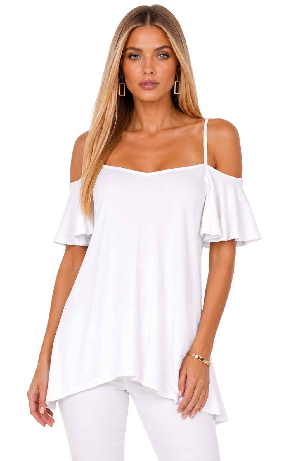 Eyecatch Women's White Eye Catch ’S Cold Shoulder Swing Top Uk 8-24 Plus Size | Floaty Frill Sleeve Tunic Blouse | Summer Holiday Evening Top
