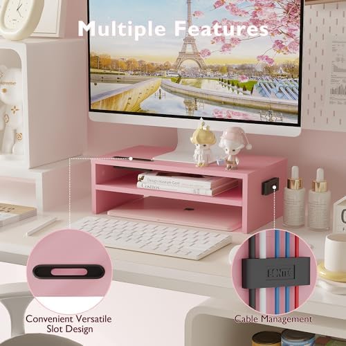 BONTEC Wooden Monitor Stand Riser for Desk, 2-Tier Computer Monitor Stand | 66 lbs Desk Shelf Organizer with Storage, Laptop & Printer Stand with Phone Holder and Cable Management, Pink, 16.5 Inch