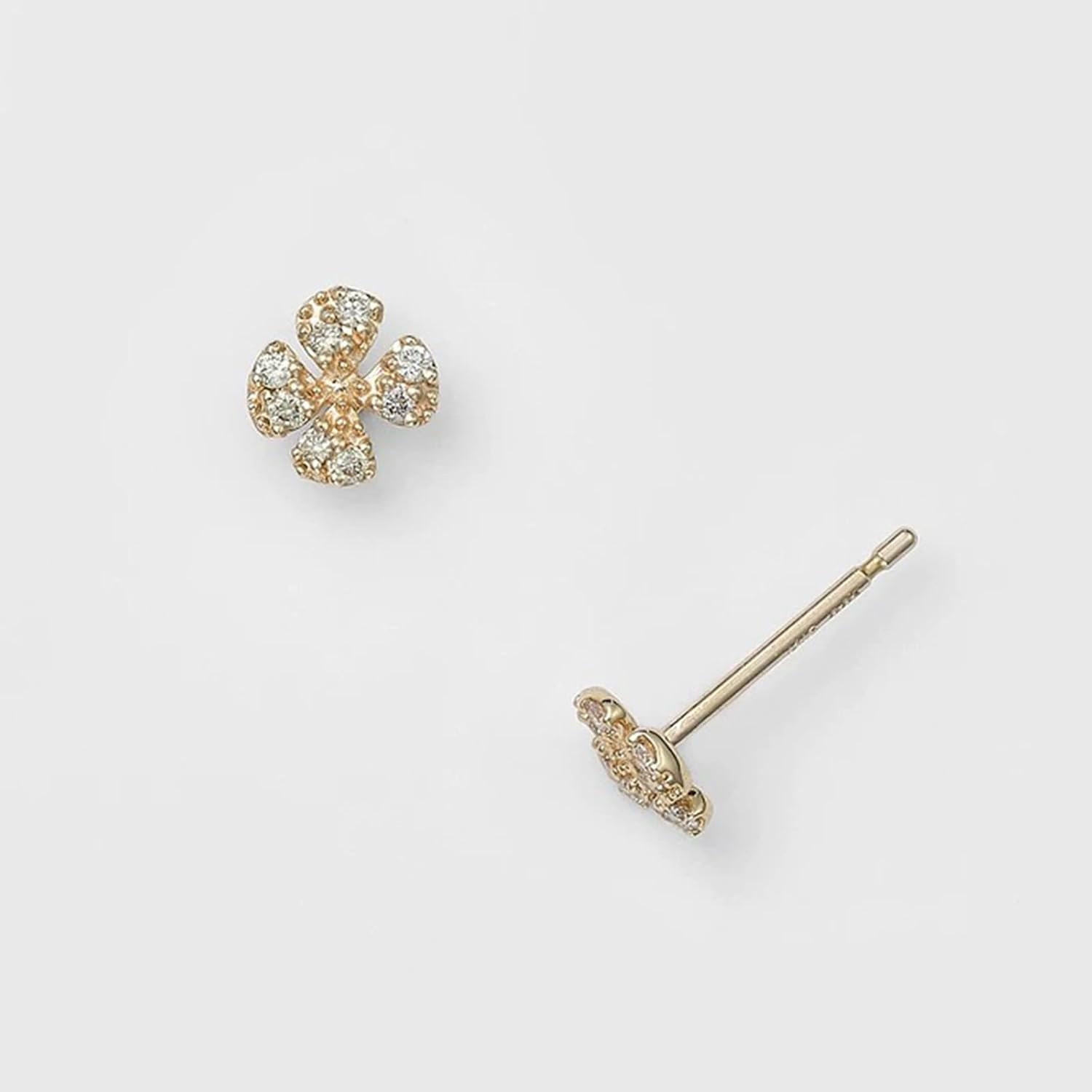 Mini Stud Earrings for Women – 14K Gold Plated 925 Sterling Silver Lucky Four Leaf Clover or Crescent Moon CZ Stud Earrings, Hypoallergenic Lightweight Small Earrings for Sensitive Ears, Delicate Jewelry Gift for Her