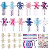 DIY Wind Chime Kit: 36 sets of unfinished snowflake wood pieces, 100 wind chime tubes (30 blue, 30 silver, 20 pink, 20 purple), 1 roll of silver wire, 2 paintbrushes, 4 ribbons (silver, purple, pink, blue), 1 sheet of square gem sticker, 1 sheet of p...