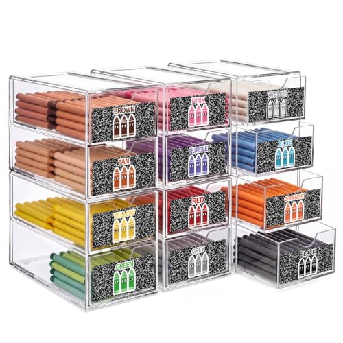 Wenqik 12 Pcs/ 6 Pack Acrylic Crayon Organizer for Classroom Back to School Clear Crayon Storage Boxes for Marker Pen Art Craft Supplies Crayons Holder Drawer for Classroom Office Table with Labels