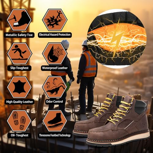 6" Moc Toe Work Boots For Men Wedge Sole Leather Waterproof ASTM F2413-18 Safety Metallic Toe EH Rated Arch Support Anti Fatigue2