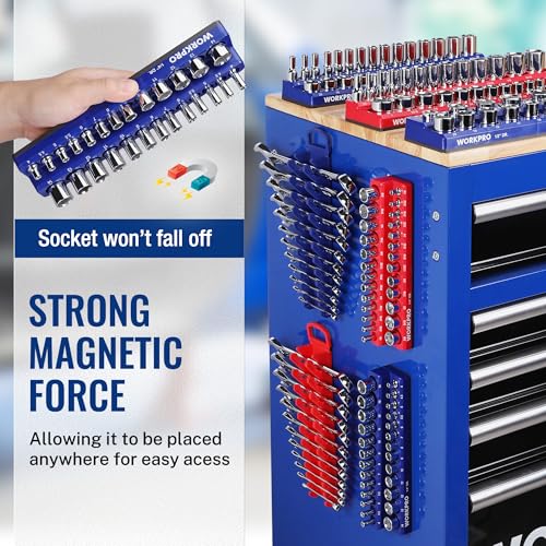 WORKPRO 8-Piece Magnetic Socket Organizer and Magnetic Wrench Organizer Set, Socket Holder Set 1/4", 3/8", 1/2" Drive Metric SAE Socket Storage, Metric SAE Wrench Holder(Socket, Wrench not Included) - Image 4