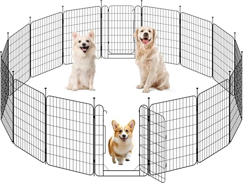 Yaheetech 16 Paneles Parque para Perros 60 x 80 cm con 2 Puertas Recinto Interior Reja Plegable para Cachorros y Conejos Perreras de Metal para Exterior con Estacas, Punta Ovalada y Plana