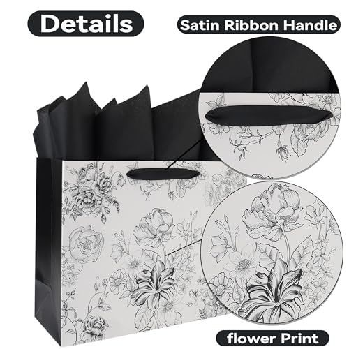 Wishinside 13 Inch Large Sketched Flowers Gift Bag Set With Handles thumb #3