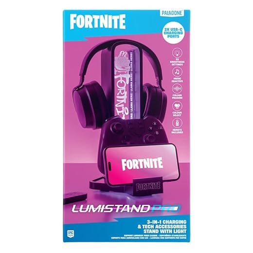 Paladone Fortnite 3-in-1 Kopfhörerständer und Technik-Ladestation mit Konsolen-Controller-Halterung und 2 USB-C-Ports, RGB-Farbwechsel-Lichtpanel, offiziell Lizenziertes Geschenk für Gamer
