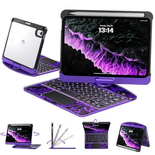 Image of Transparent Case with Keyboard for iPad mini 7 A17 Pro(2024) & Mini 6 (2021) 8.3 inch,7-Color Backlit,Wireless Keyboard, 360Rotating,with trackpad,Pencil Holder,with Shortcuts,Purple