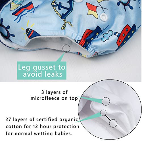 Image of Ambaby Cloth Diapers Combo Pack Quick Dry Comfort Gots Certified Free Size Button Adjustable, Washable, Reusable, Multilayered Cotton Pads And Boosters, Sea Sailor And Cup Cake Printed - Pack Of 2