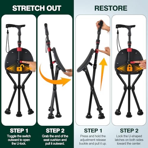 Image of Walking Cane with Seat - Folding Lightweight Walking Cane Chair for Seniors, Adjustable Height 32 inch-36 inch, Heavy-Duty 3-Legged Cane Stool for Men Women (Black)