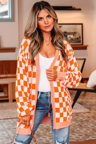 MARZXIN Womens Cardigans Orange Checkered Open Front Drop Shoulder Cardigan4
