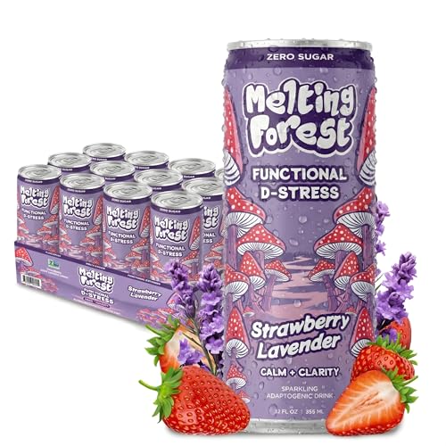 Melting Forest Mushroom D-Stress, Sparkling Adaptogen Drink with L-Theanine, Lion's Mane and Vitamin B, Zero Sugar, 5 Calories, Strawberry Lavender (12-Pack)
