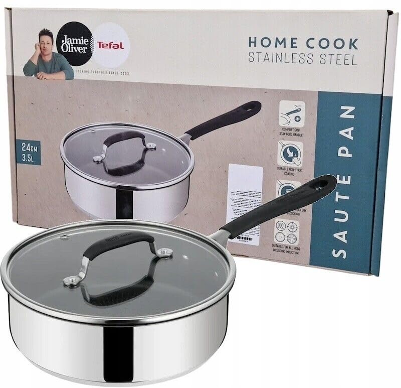 Tefal Jamie Oliver Home Cook Sauteuse en aluminium avec revêtement anti-adhésif, signal thermique, passe au lave-vaisselle, avec couvercle en verre, bleu/gris, 24 cm, 3,5 l
