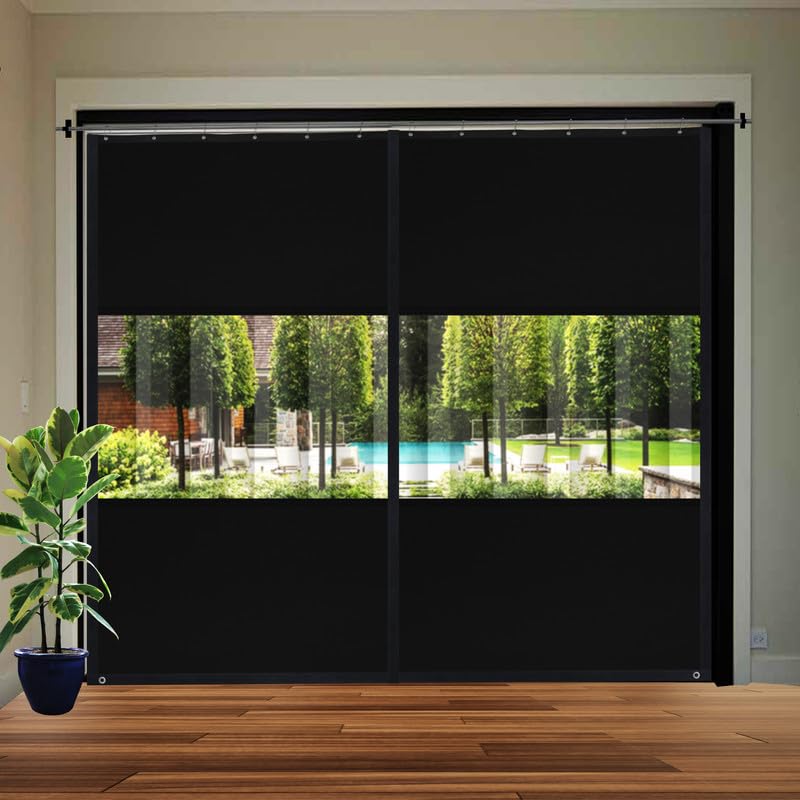 Image of Polyester with PVC Fabric Outdoor Waterproof Curtain with Top Eyelet Protect from AC, Sun, Dust & Rain Used for Balcony, Door & Window (Black Color 4.5 X 8 Feet, Pack of 2 Piece)