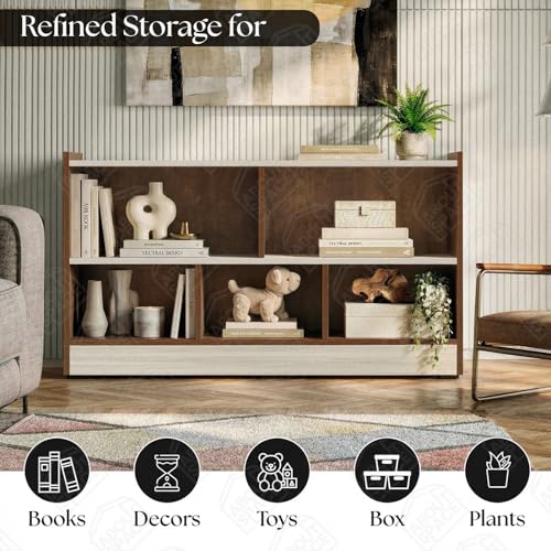 Image of ABOUT SPACE Book Shelf - 5 Compartment Engineered Wood DIY Versatile Book Stand for Home Library, Office Modern Slim Open Display Rack for Bedroom, Living Room (Walnut - L 110 x B 30.5 x H 62.5 cm)