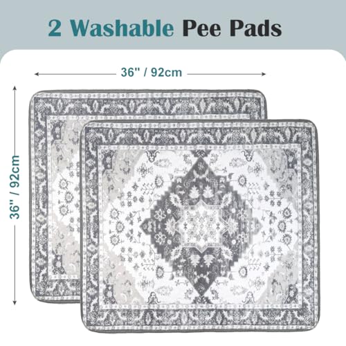 Image of Washable Pee Pads for Dogs, 2 Pack Reusable Puppy Training Pads 36 inchx36 inch Super Absorbent Waterproof Dog Training Pads, Non-Slip Potty Pads, Whelping Pads Litter Mat Light Grey Medallion