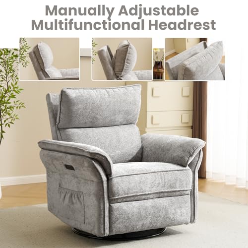 Image of Oversized Rocking Chair Nursery with Massage and Heat, Glider Recliner Nursery Chair with Adjustable Headrest, Power Swivel Rocker Recliner Chair with USB Port, Light Grey