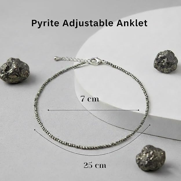 Image of JD FRESH Natural Pyrite Stone Anklet for Women /Raw Pyrite Bracelet /Silver Anklet /Black Metal Anklets /Natural Stone Jewellery for Wealth, Luck & Protection /Best Gift Item