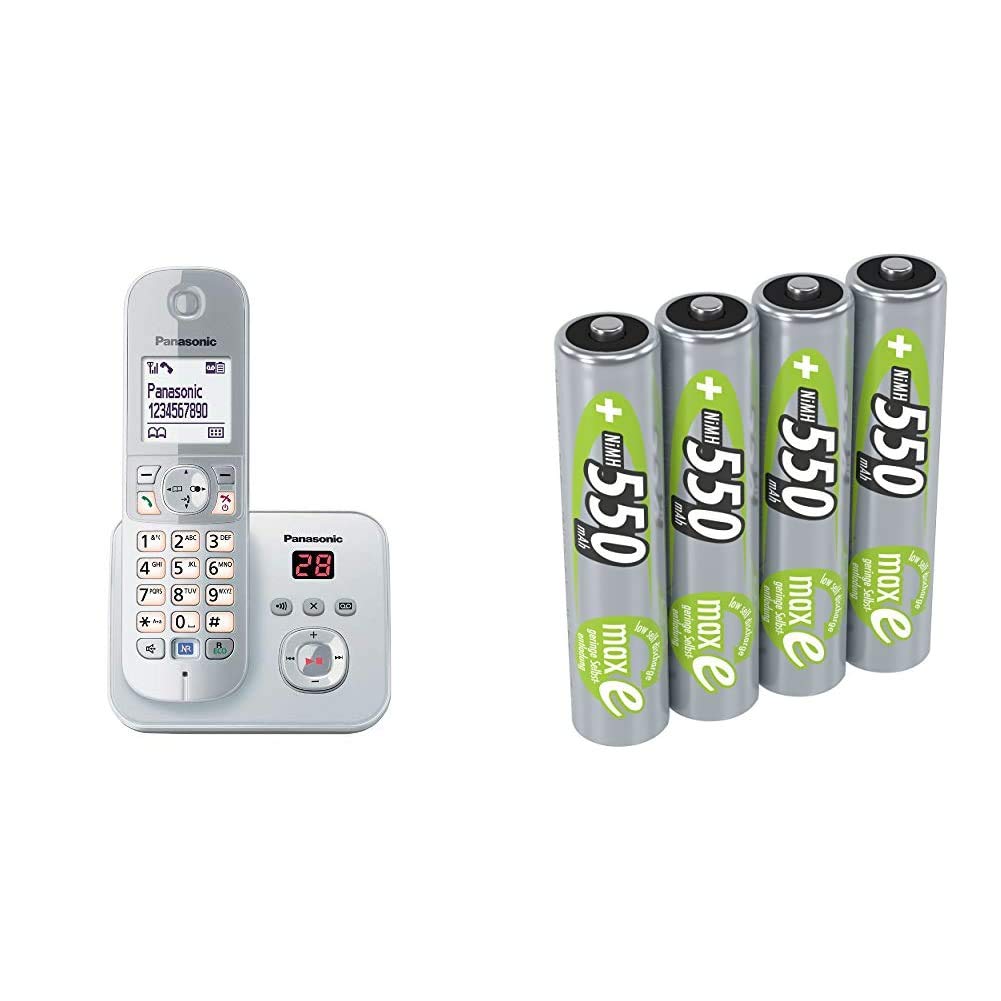 Panasonic KX-TG6821GS DECT Schnurlostelefon mit Anrufbeantworter perl-Silber & ANSMANN Akku AAA 550 mAh NiMH 1,2 V (4 Stück) - Micro AAA Batterien wiederaufladbar, maxE geringe Selbstentladung