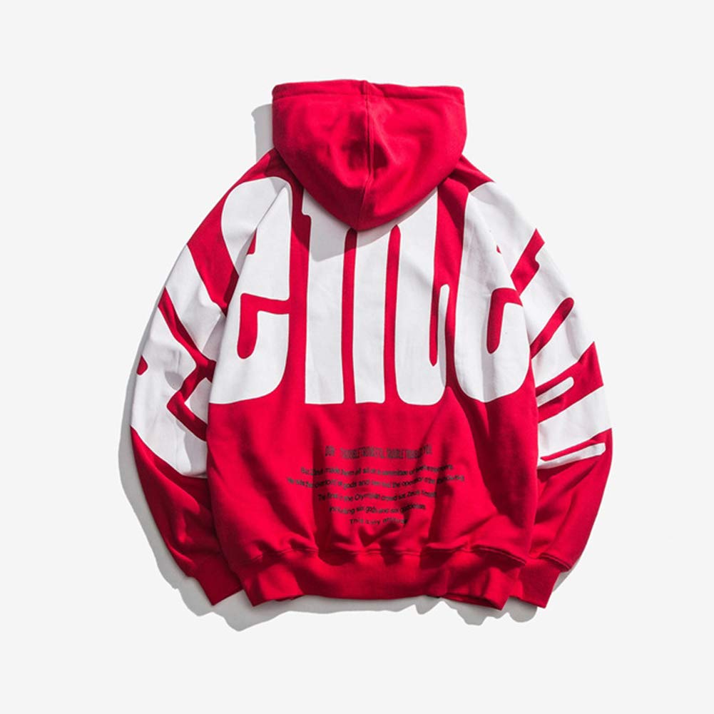 KRILY Men's Long Sleeve Pullover Hoodie Casual Cotton Tops Outdoor Hip Hop Sweatshirt,Red,L