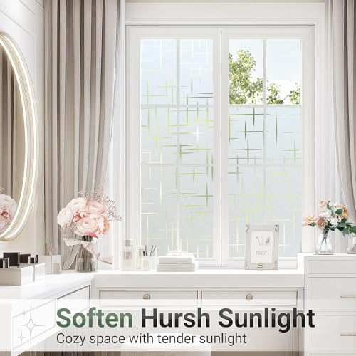 Image of CREON Window Privacy Frosted Glass Window Film (24 X 60 Inch) Decorative Privacy Cling UV Blocking Staic Cling Bathroom Glass Frosting Sticker Non-Adhesive Front Door Cover, Cross Pattern