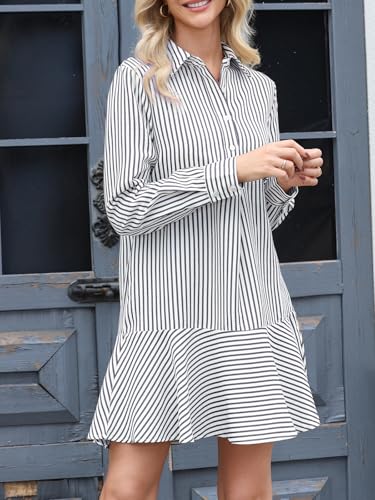 Image of EZAPINE Womens Striped Shirt Mini Dress Long Sleeve Collared Ruffle Hem Button Up Tunic Flowy Swing Dresses